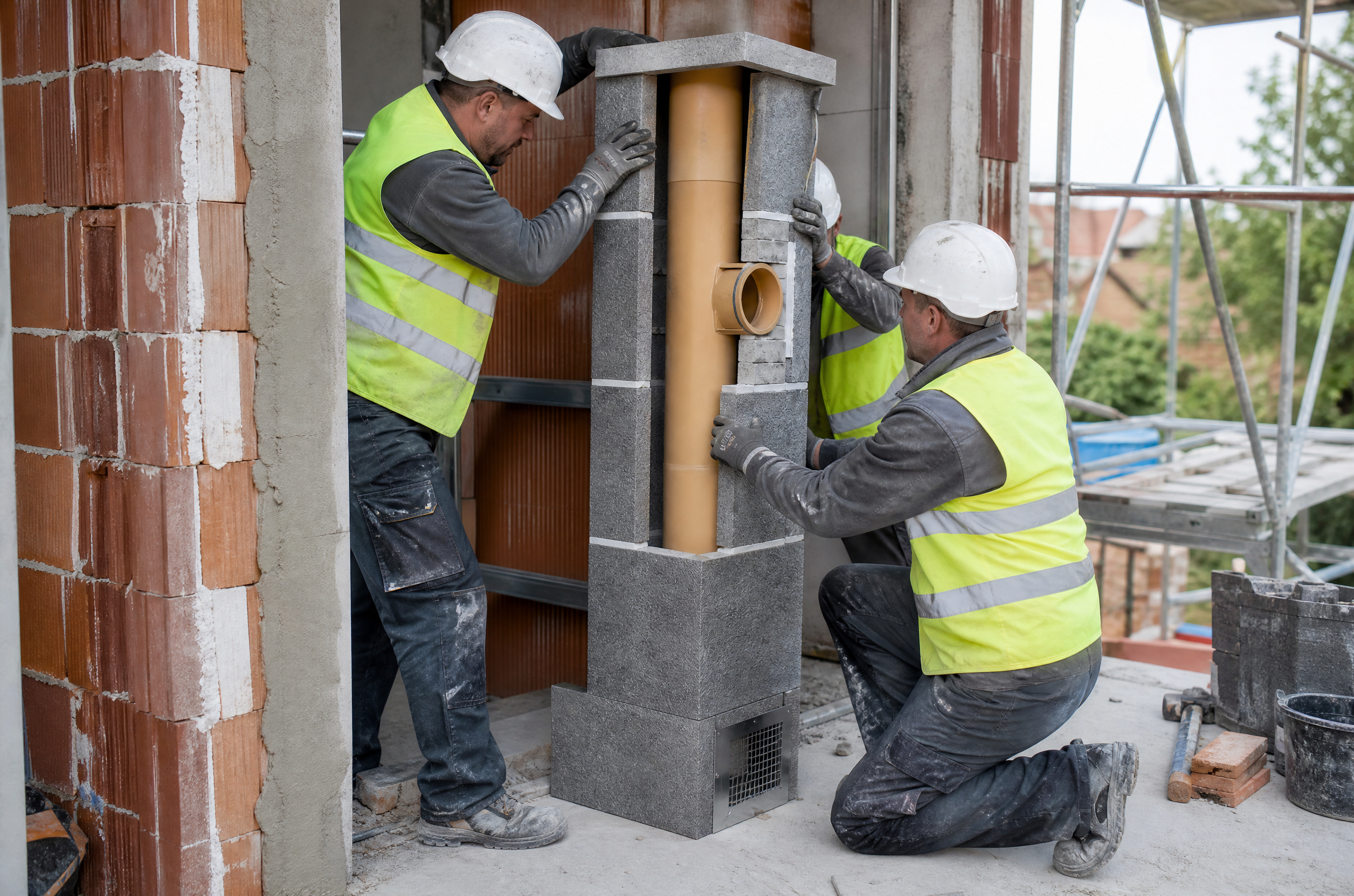 Montaż ceramicznego systemu kominowego Schiedel Rondo Plus Ø160 mm na placu budowy, instalatorzy dopasowują segmenty komina.